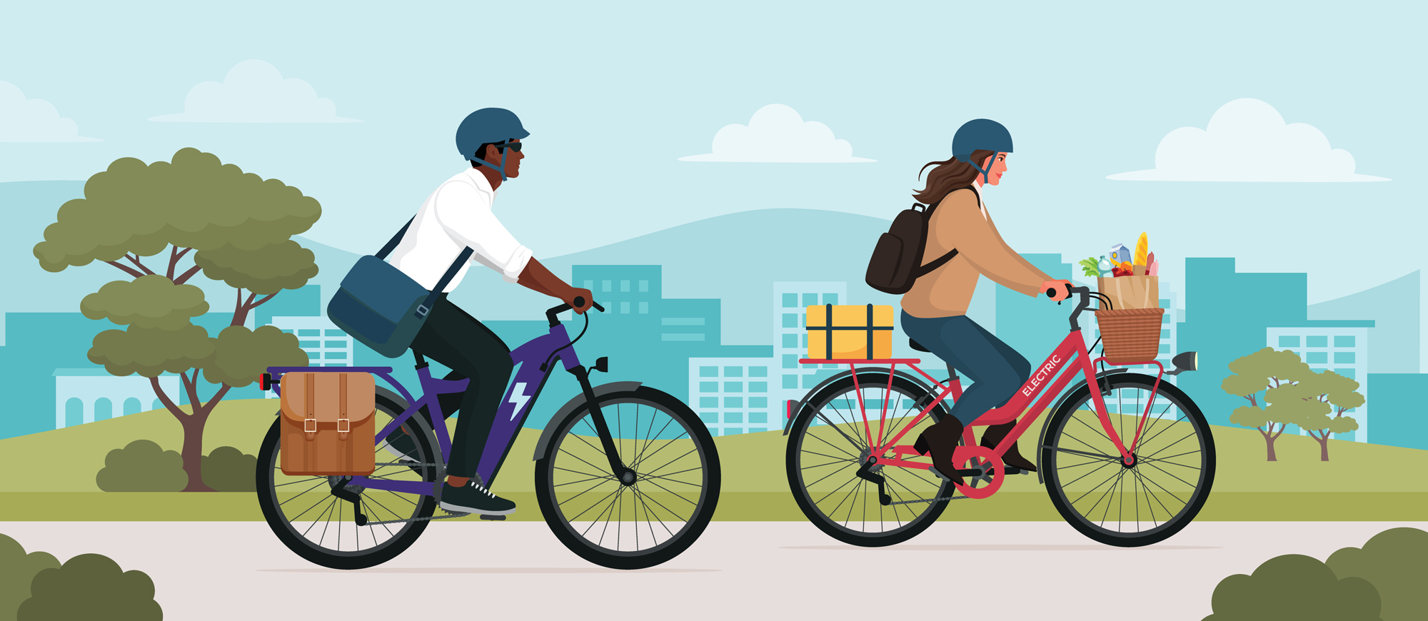 Banner image of an example of an e-bike and how it can be used to transport everyday items you might transport in a automobile